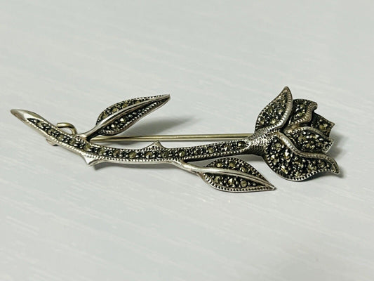 Vintage Sterling Silver Judith Jack Rose Marcasite Brooch