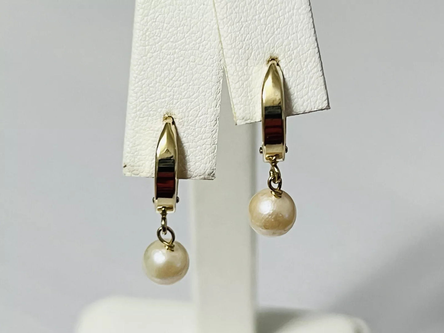 14k Yellow Gold Dangle Pearl Huggie Earrings