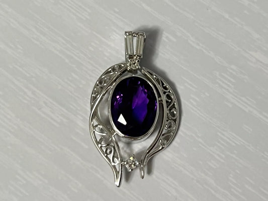 14k White Gold Amethyst & Diamond Necklace Pendant