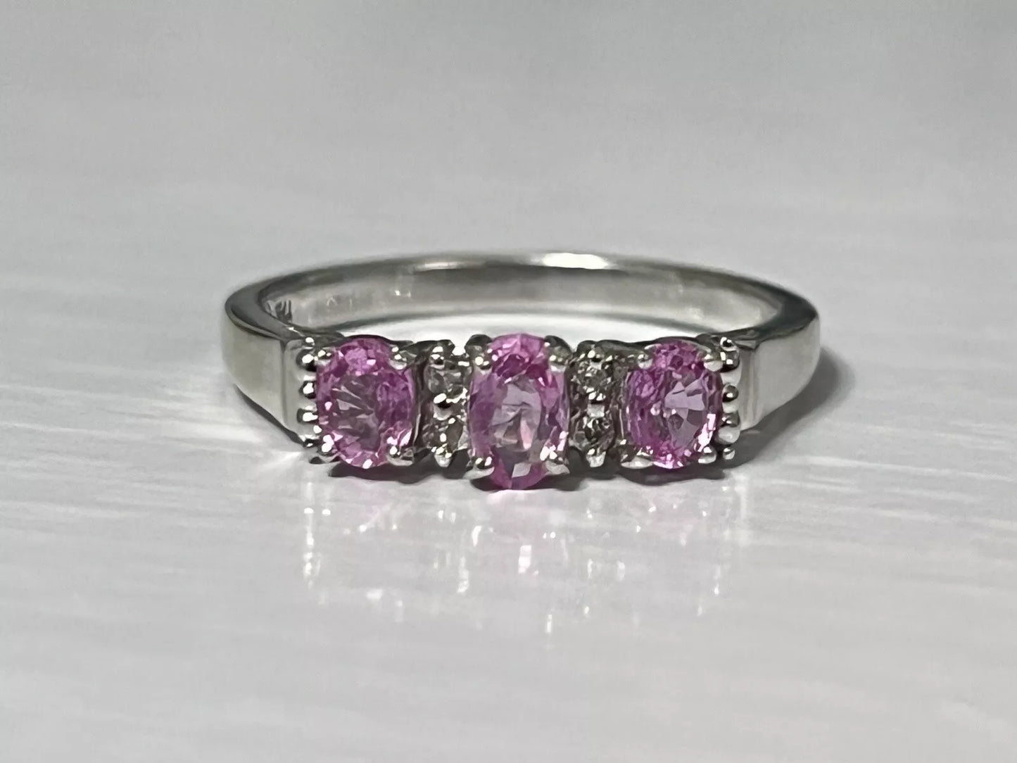 10k White Gold Natural Diamond and Pink Topaz Band Ring