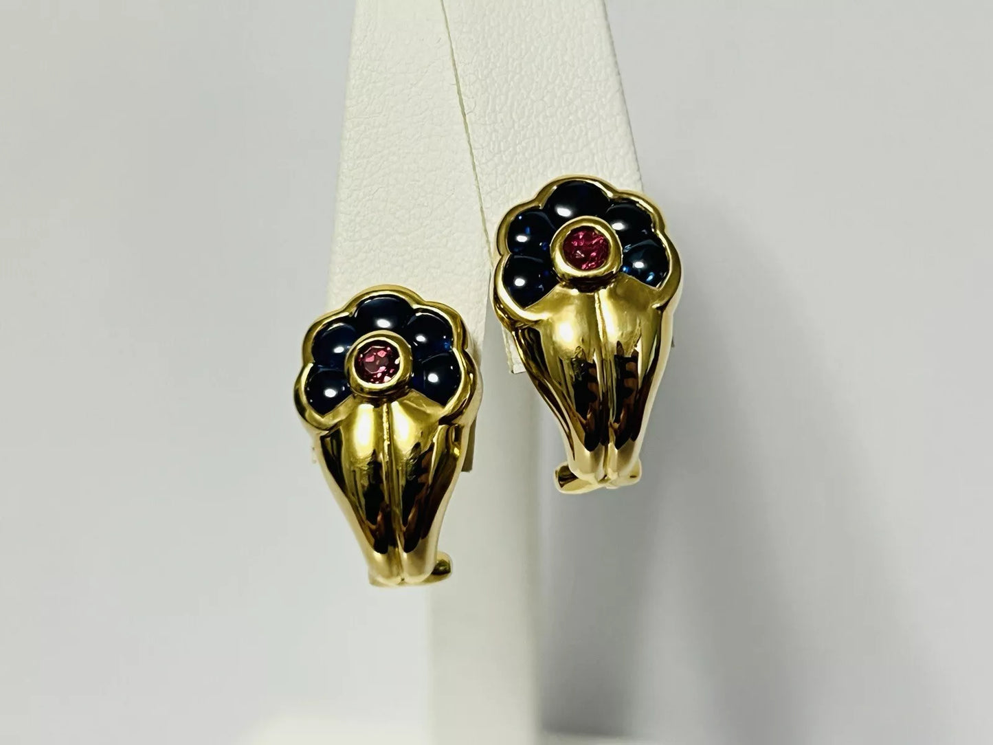 18k Yellow Gold Pink Tourmaline & Sapphire Flower Earrings