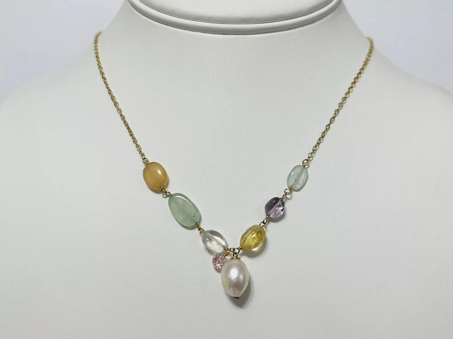 Sterling Silver Gold Plated Natural Pearl & Gemstone Necklace 17 Inches