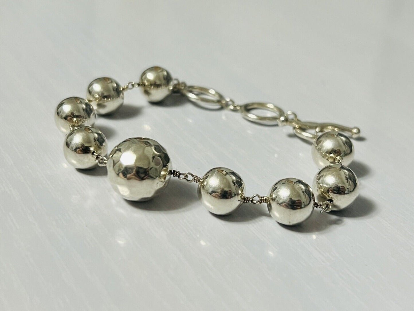 Vintage Sterling Silver Heavy Bead Ball Adjustable Bracelet