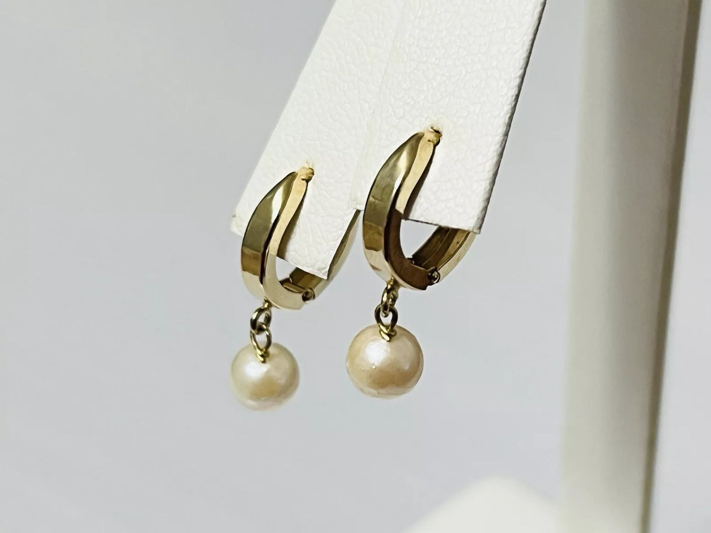 14k Yellow Gold Dangle Pearl Huggie Earrings