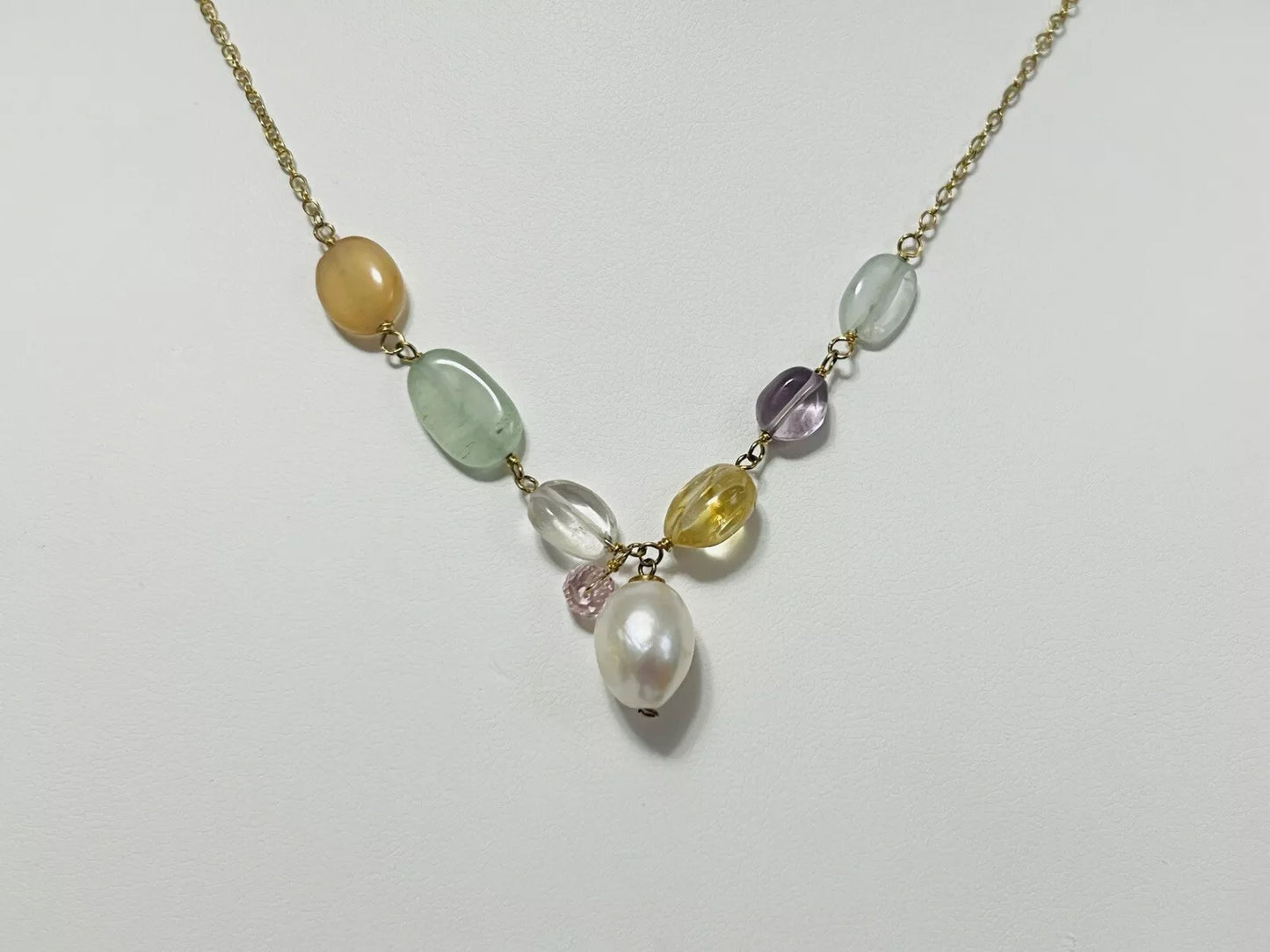 Sterling Silver Gold Plated Natural Pearl & Gemstone Necklace 17 Inches