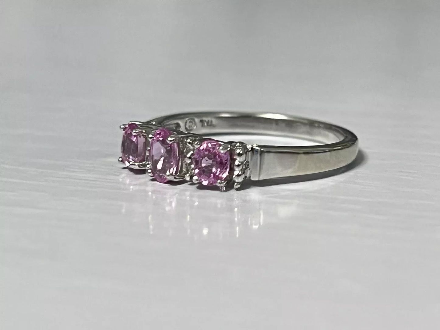 10k White Gold Natural Diamond and Pink Topaz Band Ring