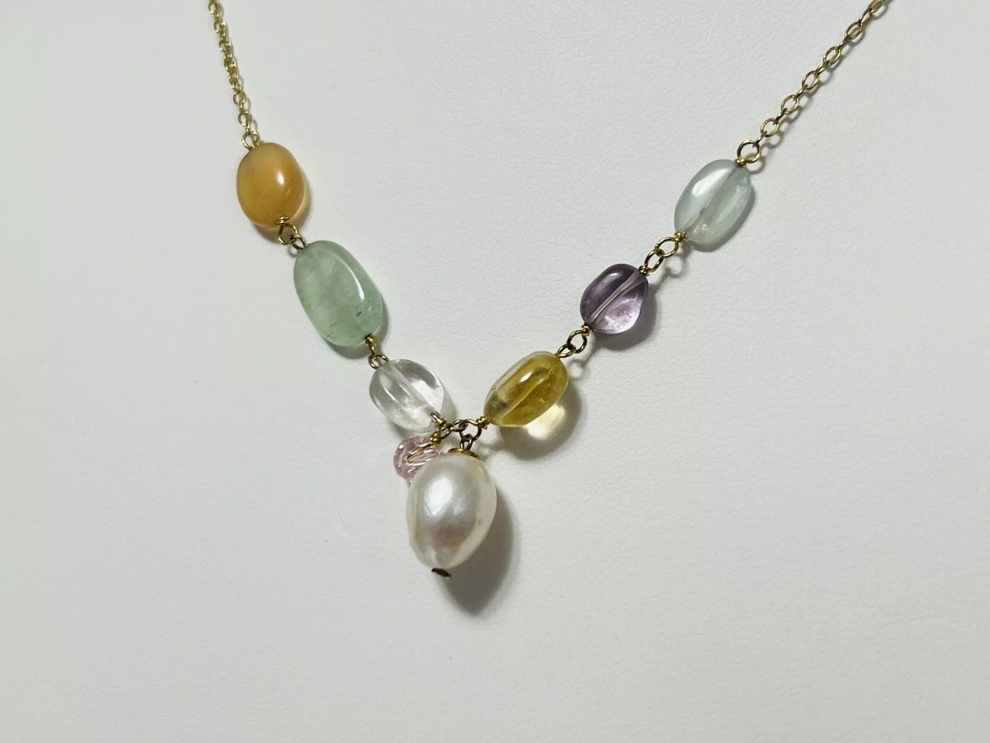 Sterling Silver Gold Plated Natural Pearl & Gemstone Necklace 17 Inches