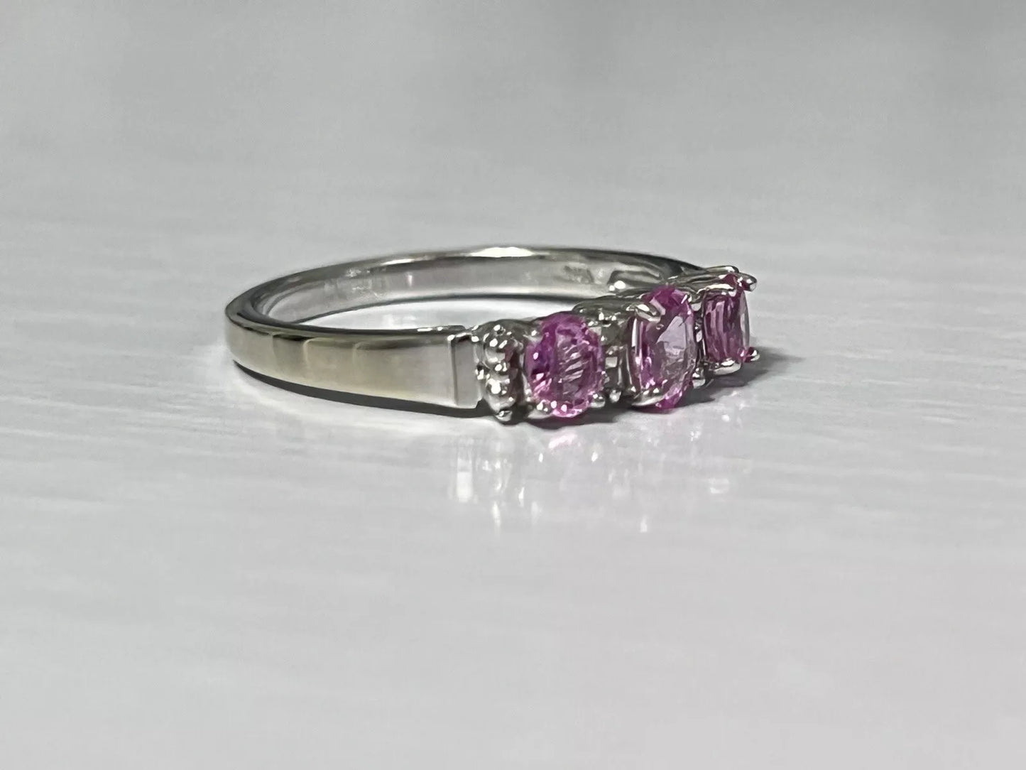 10k White Gold Natural Diamond and Pink Topaz Band Ring