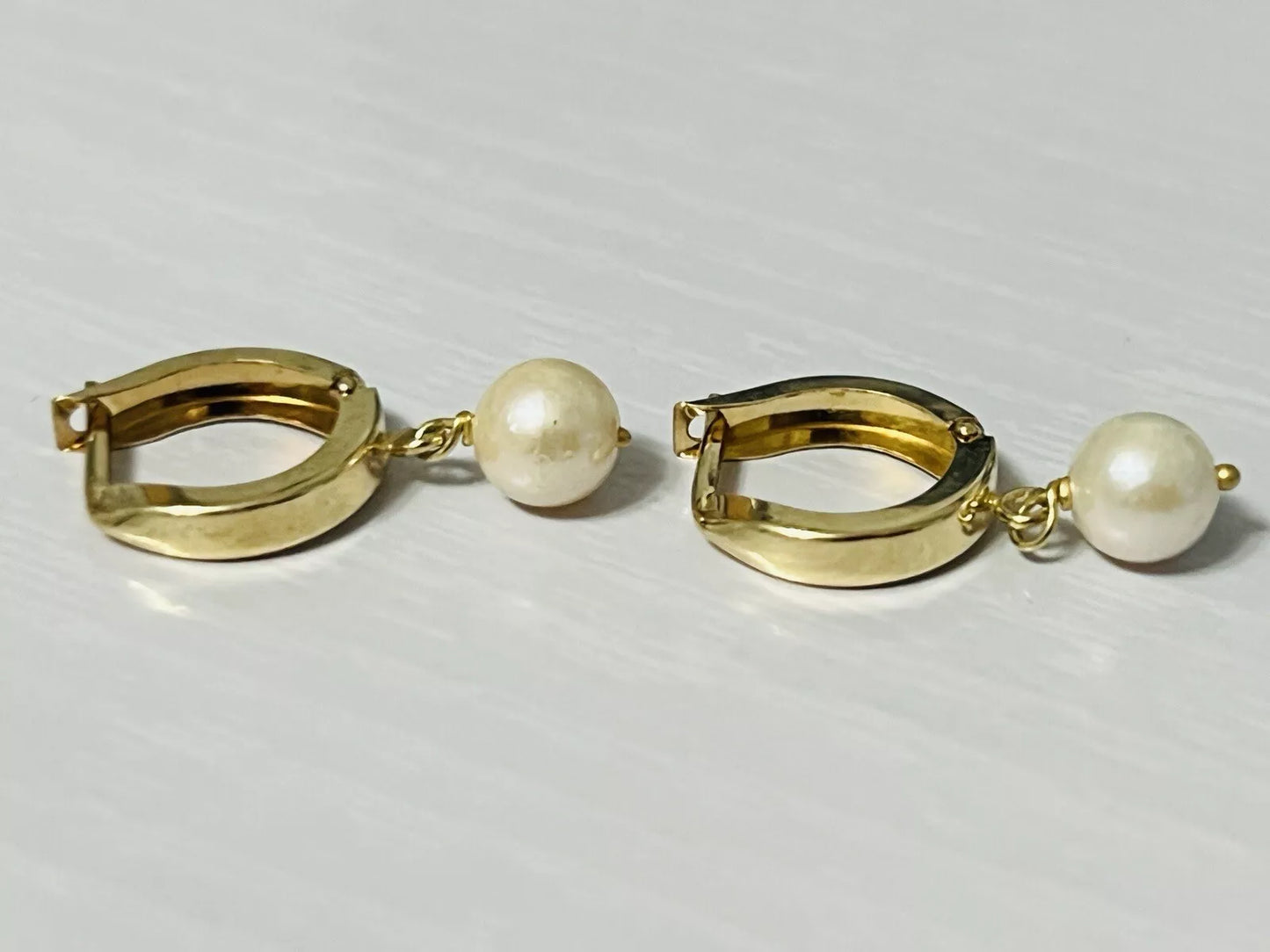 14k Yellow Gold Dangle Pearl Huggie Earrings