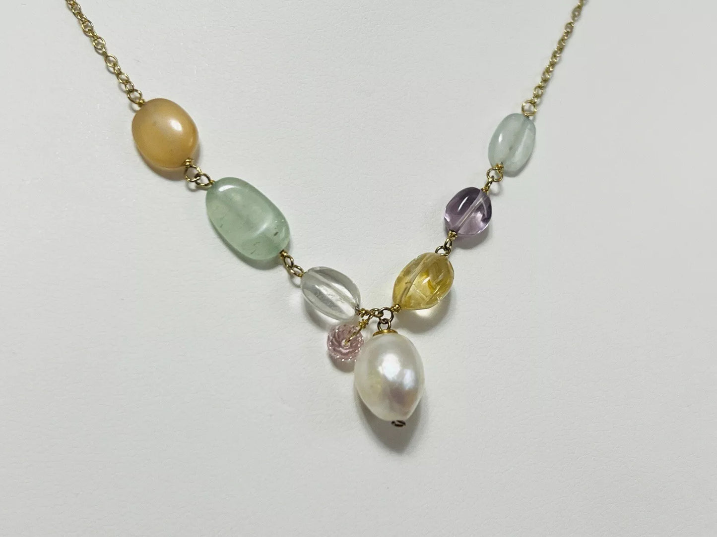 Sterling Silver Gold Plated Natural Pearl & Gemstone Necklace 17 Inches