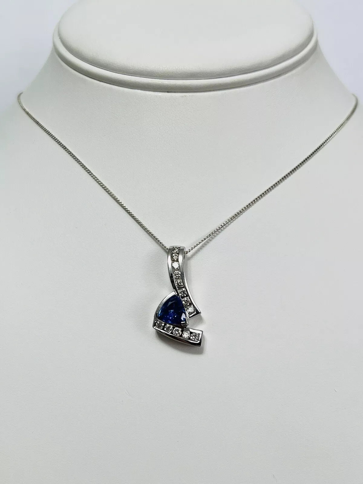 Sterling Silver Tanzanite & Diamond Pendant W/ Chain 16 Inches