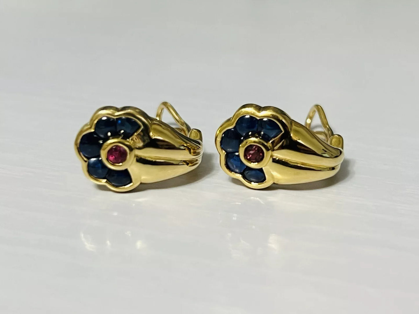 18k Yellow Gold Pink Tourmaline & Sapphire Flower Earrings