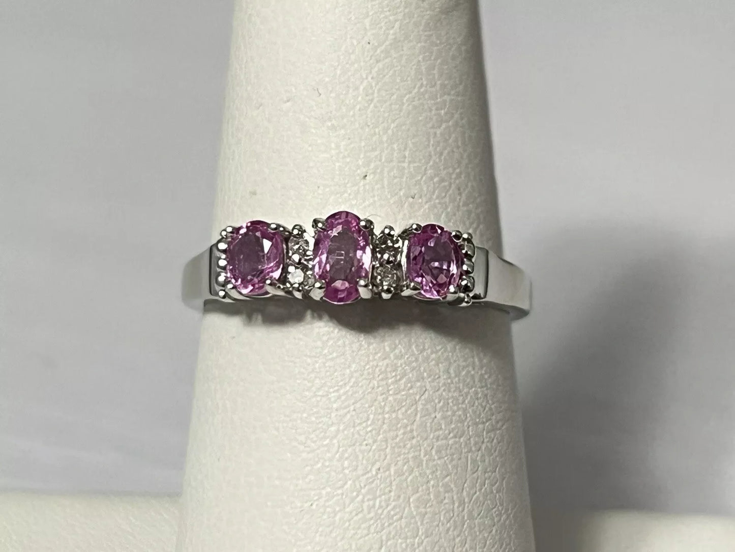 10k White Gold Natural Diamond and Pink Topaz Band Ring