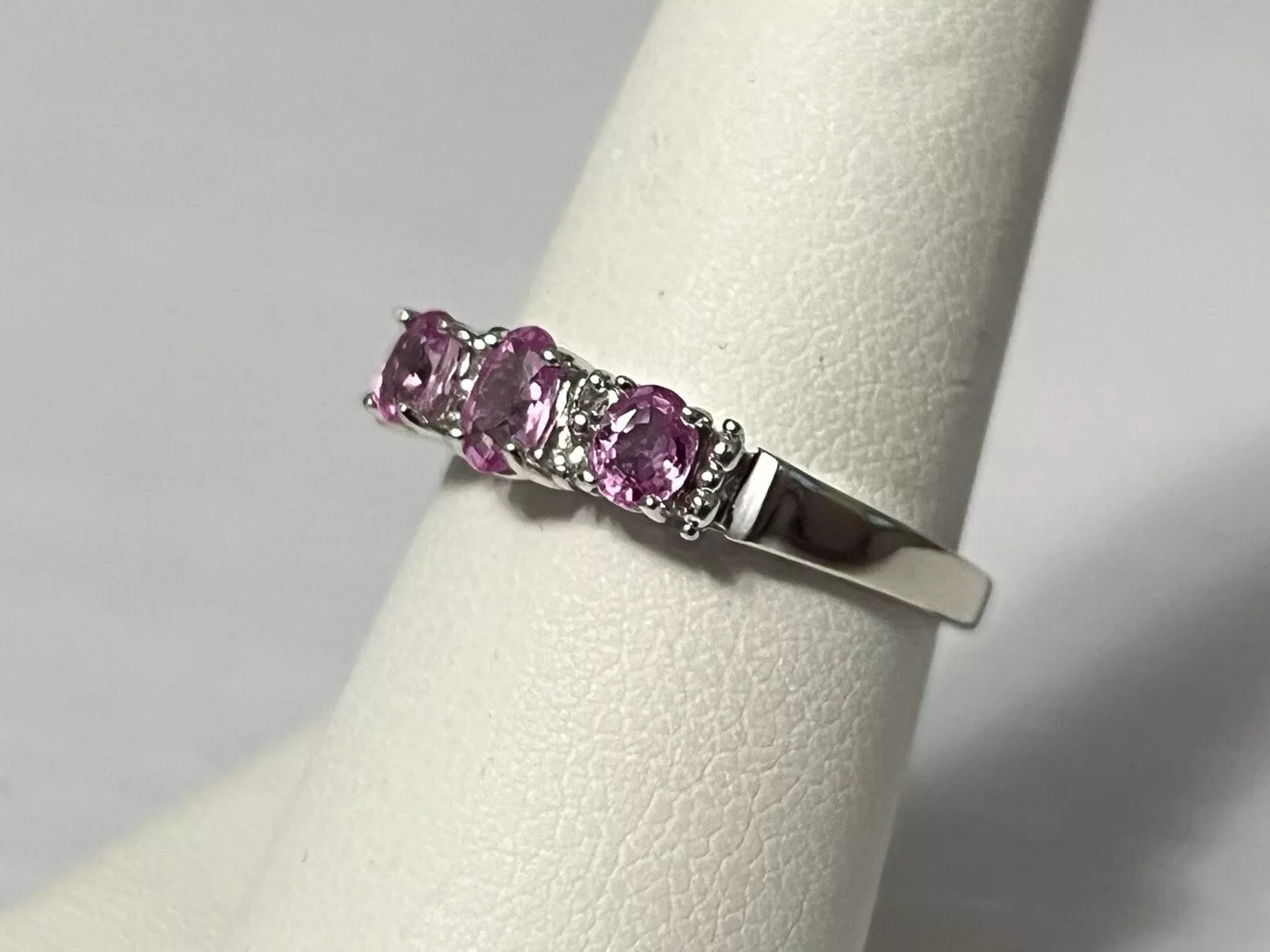 10k White Gold Natural Diamond and Pink Topaz Band Ring