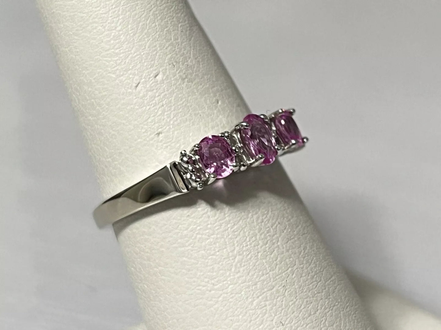 10k White Gold Natural Diamond and Pink Topaz Band Ring