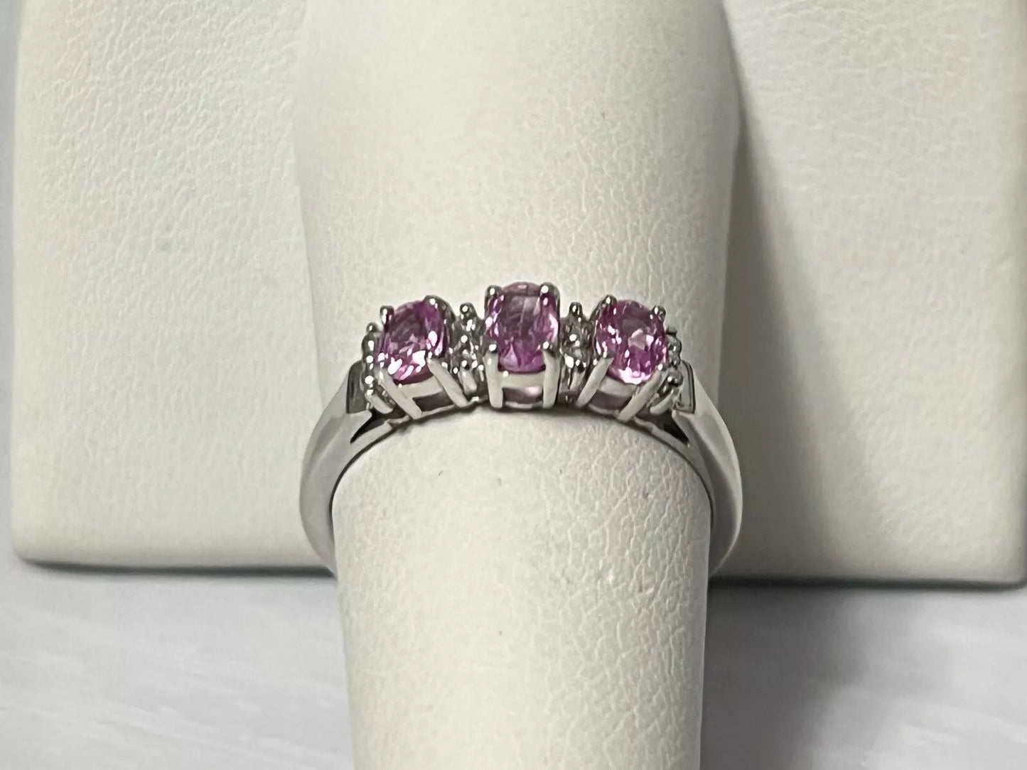 10k White Gold Natural Diamond and Pink Topaz Band Ring